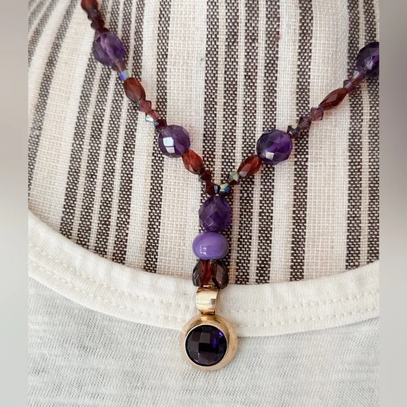 14K Gold Necklace Amethyst Garnet & Jade Beads Vintage Short Lariat Italy